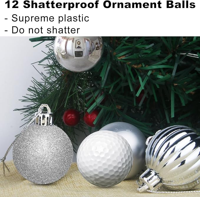 Silver 1.6" Small Christmas Balls Christmas Tree Decoration Ornaments Shatterproof Hanging Balls for Birthday Halloween Holiday Wedding Decorations Set of 12pcs