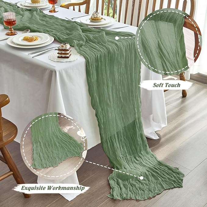IVAPUPU 10 Pcs Cheesecloth Table Runner - 10ft Sage Green Boho Gauze Cheese Cloth Table Runners for Baby Shower Decoration Wedding Party Summer Garden Farmhouse