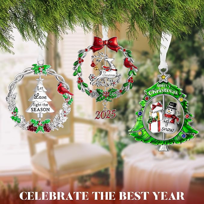 Christmas Tree Ornament Metal Silver Hanging Rotatable Design Charm Holiday Decorative Pendant Gift Keepsake (2025, 3 Piece Set)