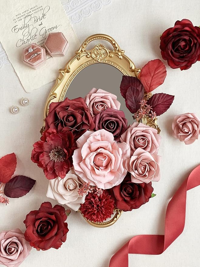 Rose Artificial Flowers Burgundy Fake Flower Bulk for DIY Wedding Bouquets Bridal Baby Shower Centerpiece Table Decorations Silk Faux Floral Arrangements for Party Home Decor Indoor Red Mauve