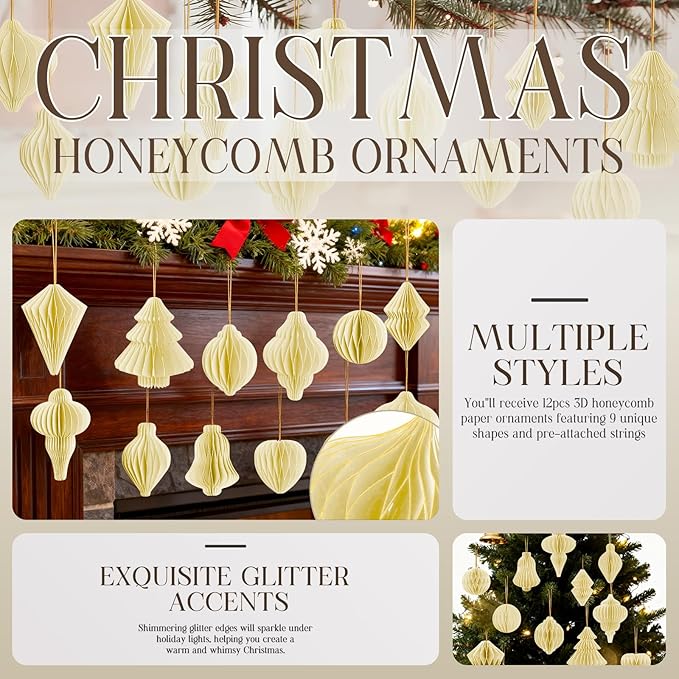 12Pcs Beige Paper Christmas Party Decorations, 3D Honeycomb Paper Hanging Ornaments with Glitter, Boho Finial Honeycomb Lantern Neutral Ornaments for Christmas Trees Winter Wonderland Party