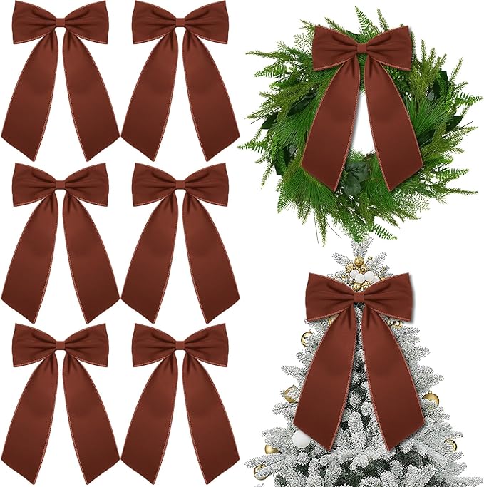 Riceshoot 6 Pcs 10 x 16 Inch Large Bows Valentine's Day Tree Decorations Velvet Ribbon Tree Topper Velvet Wreath Bows with Wired Edge for Valentines Home Fireplace Indoor Outdoor Decor (Brown)