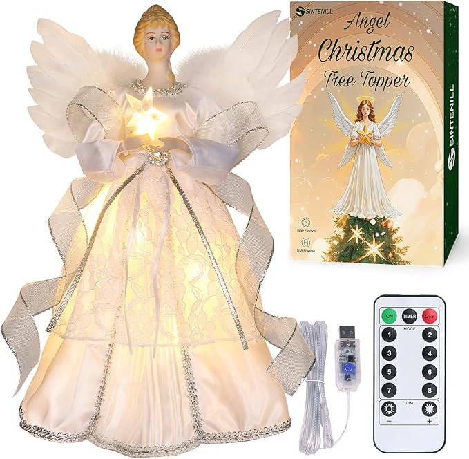 12.5" Angel Christmas Tree Topper with Lights, Lighted Angel Tree Topper with White Feather Wings and Star Light, Remote Control, Timer & USB Powered for Indoor Holiday Tree Decoration