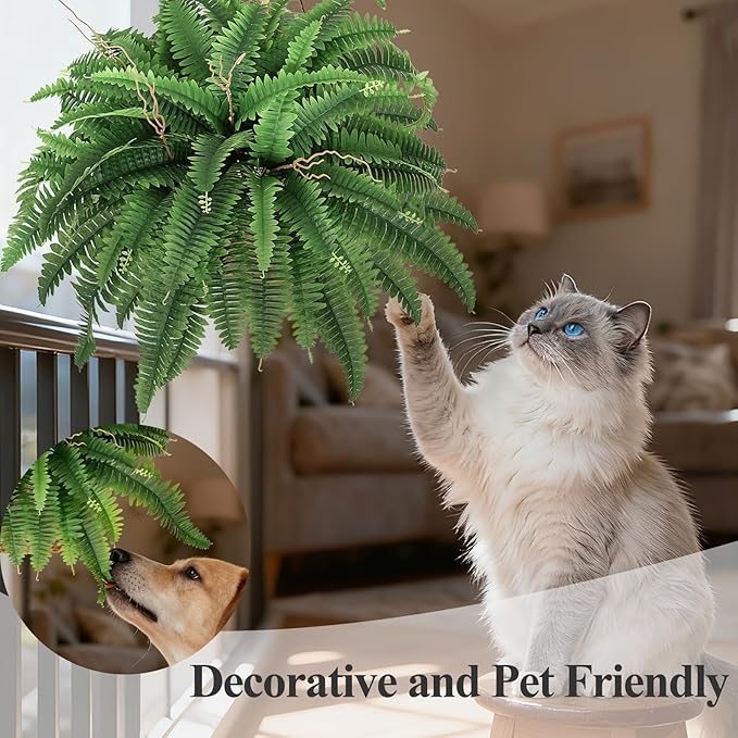 42” Artificial Boston Fern Bush Plant, 2 Faux Ferns for Outdoors Large, Fake Ferns Realistic Artificial Plants with 65 Fronds for Garden Porch Patio Home Office Living Room Decor Green