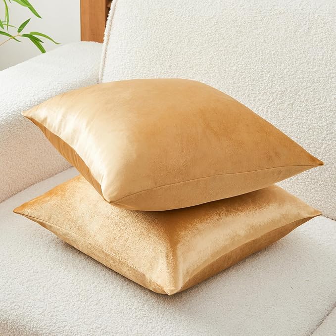 Throw Pillow Covers Gold Set of 2 18x18 Inch Pillow Covers, Soft Velvet Fall Decorative Cases for Couch Sofa Bed, Home Boho Decor, Modern Farmhouse Cushion Covers