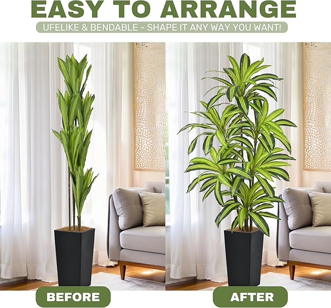 Artificial Dracaena Tree 6FT(72in) Tall Fake Silk Yucca Tree with Black Planter, Faux Floor Potted Artificial Plants for Home Office Living Room Indoor Decor (6feet,Tall Pot)