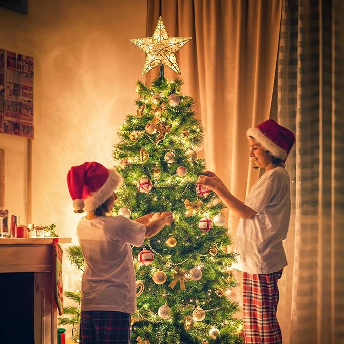 Christmas Star Tree Topper, 9.5 in Plug in Golden Glittered 3D Star Tree Topper, Metal Hollow Designed Built-in 10 Bulbs String Lights for Indoor Office Christmas New Year Holiday Tree Decoration