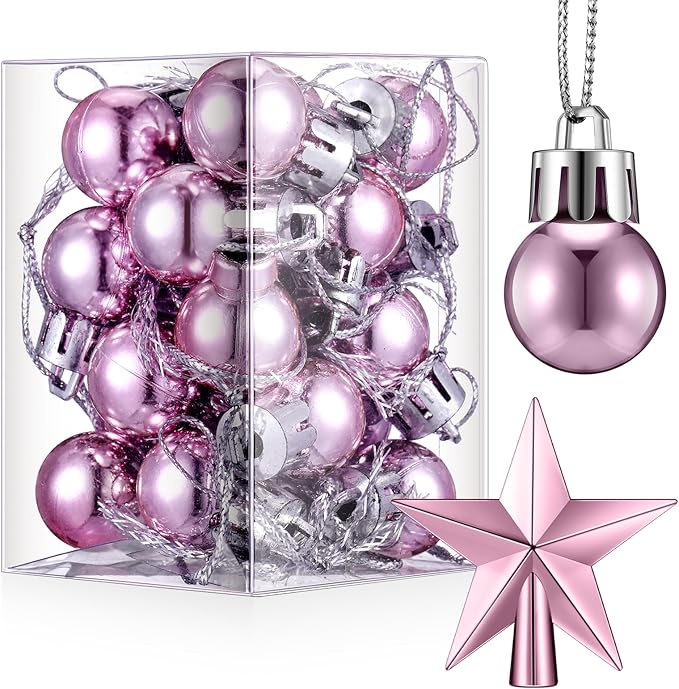 25 Pcs Christmas Balls Ornaments Set Mini Tree Decoration 0. 79 Inch Christmas Ball Tree Topper Star Hanging Ornaments for Party Decoration(Pink)