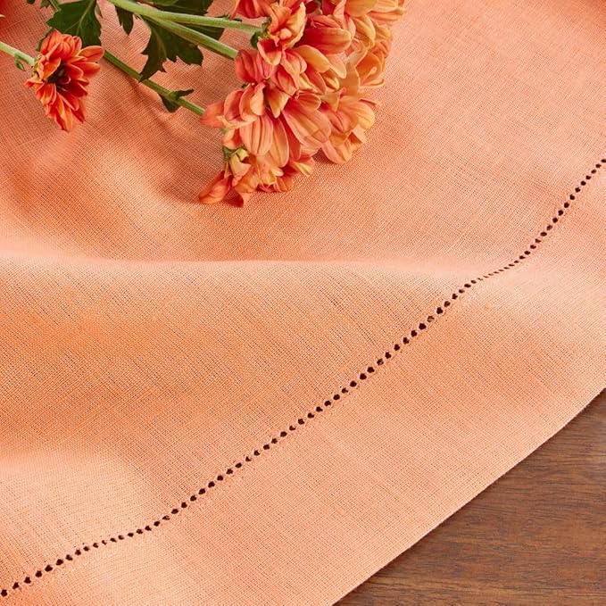 Solino Home Linen Coral Table Runner 72 Inches Long - 100% Pure Linen Hemstitch Table Runner 14 x 72 Inch for Dresser, Dining, Valentines, Spring, Easter - Classic Hemstitch