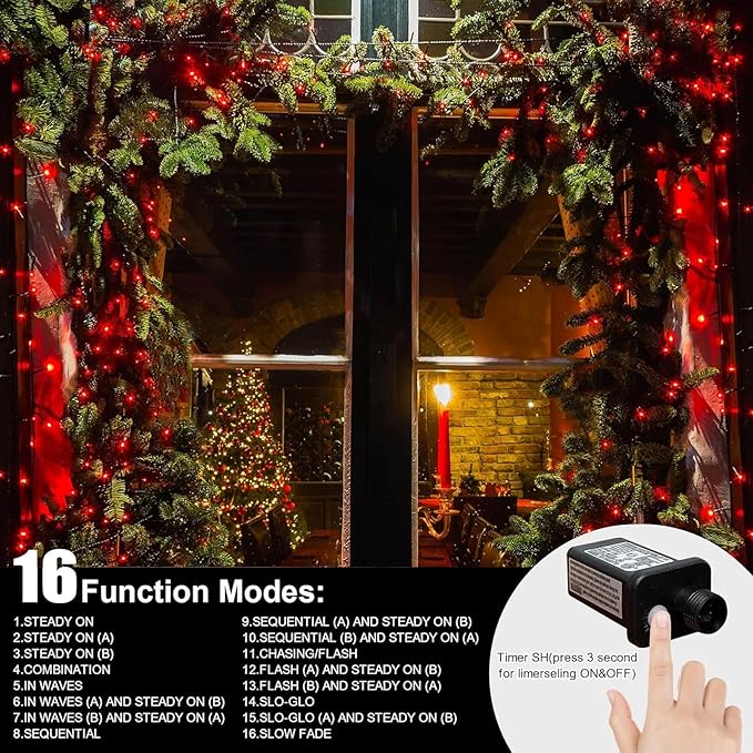 LAMPHOME 33ft Christmas Decorative Mini Lights, 100 LED Green Wire Fairy Starry String Lights Plug in, 11 Lighting Modes, for Indoor Outdoor Xmas Tree Wedding Party Decoration (Red)