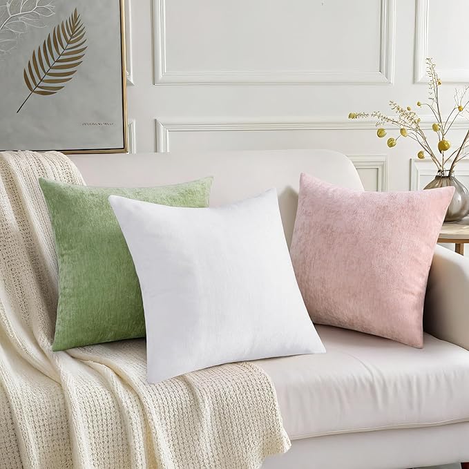 decorUhome Chenille Blush Pink Christmas Throw Pillow Covers 18x18 Inch Set of 2, Decorative Soft Couch Pillow Covers Solid Dyed Accent Farmhouse Neutral Square Pillow Cases for Sofa