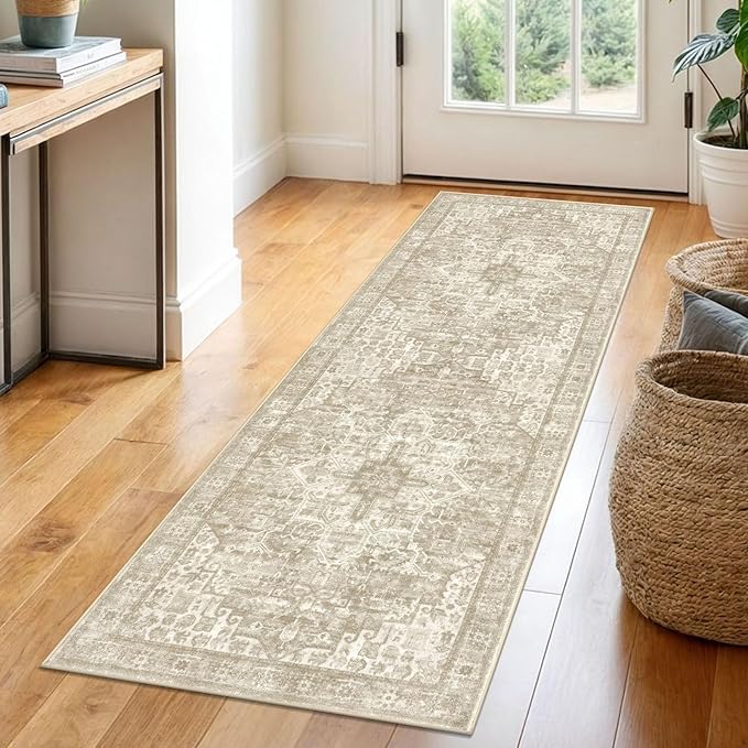 2x6 Washable Printed Runner Rug for Hallways, Light Beige Grey Brown Soft Neutral Vintage Runner with Non-Slip Kitchen Rugs, Non-Shedding Boho Rug for Bedroom Kitchen Porch Laundry Bedside