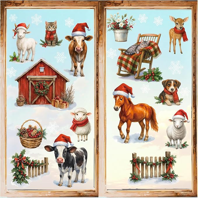 Merry Christmas Window Cling,Christmas Farm Animals Window Sticker,Xmas Farm Animals Wall Decal,Xmas Farmhouse Hourse Cows Sheep Dog Cat Wall Sticker for Glass Winter Party Home Living Room