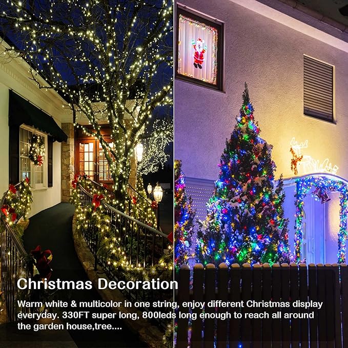 Christmas Lights Outdoor,800LED 330FT Color Changing String Lights,Warm White & Multocolor Lights 9 Modes Timer Waterproof for Indoor Outdoor Christmas Wedding Garden Yard Party Tree Decor