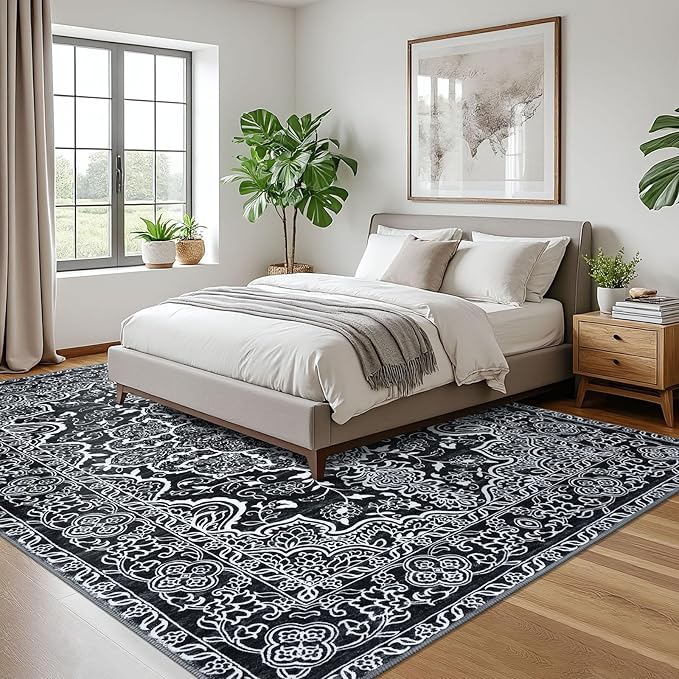 KUTA Area Rugs 9x12 Living Room, Vintage Medallion Washable Large Rug for Bedroom 9ft x 12ft Non-Slip, Black Ultra Soft Printed Modern Floral Distressed Low-Pile Dining Room Carpet