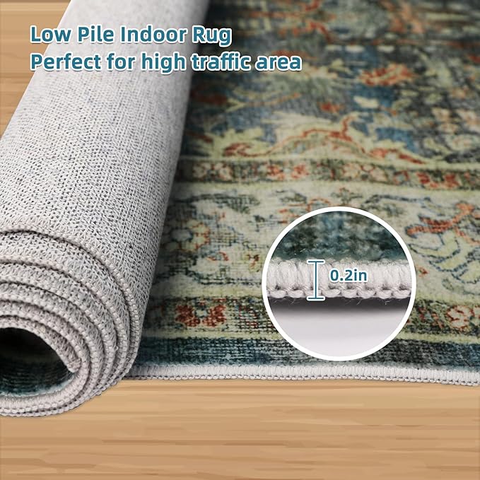 Dripex Vintage Washable Area Rug - 5x8 Distressed Rugs for Living Room Bedroom Oriental Medallion Floral Print Carpet Low-Pile Indoor Soft Non-Slip Accent Rug Farmhouse Office Home Decor