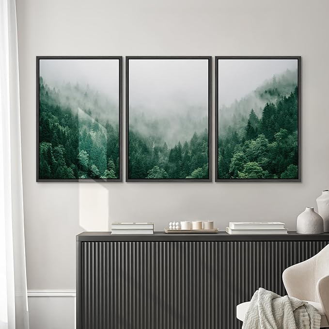 SIGNWIN Framed Canvas Print Wall Art Set Fog & Mist Mountain Forest Valley Nature Wilderness Photography Modern Art Rustic Landscape Relax/Calm for Living Room, Bedroom, Office - 16"x24"x3 Black