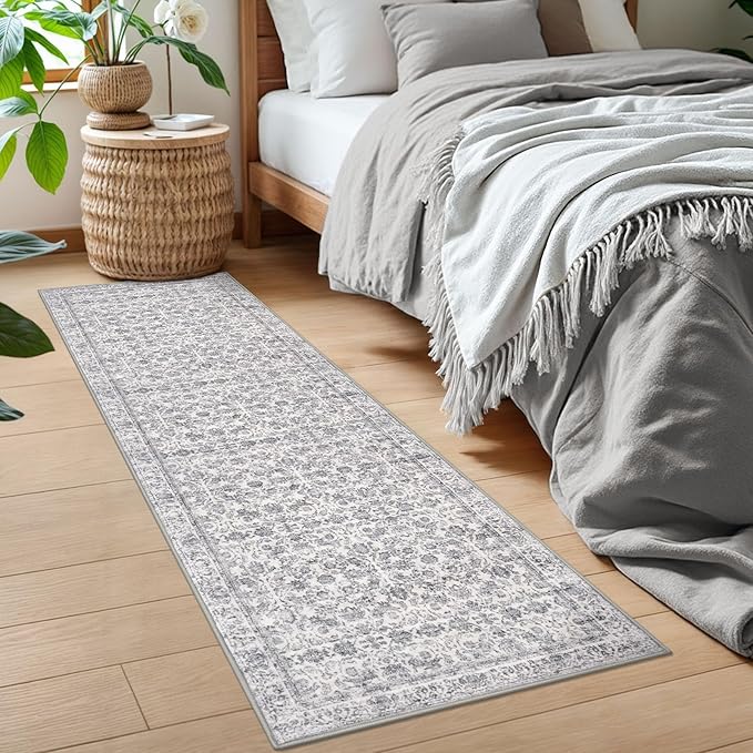 2x6 Washable Runner Rug for Hallways, Grey Soft Neutral Vintage Kitchen Rugs with Non-Slip, Non-Shedding Distressed Floral Rug for Bedroom Kitchen Porch Laundry Entryway