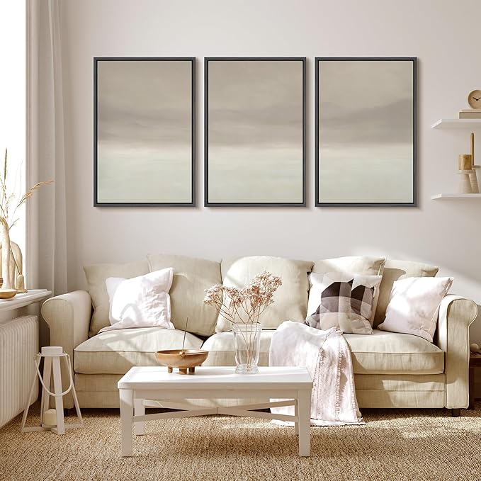 MUDECOR Framed Wall Art Print Set Misty Horizon Minimalist Foggy Mountain Landscape in Soft Neutral Tones Illustrations Realism Decorative for Living Room, Bedroom, Office - 16"x24"x3 Black