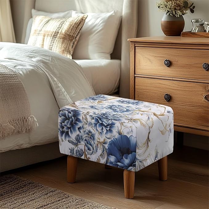 Blue Flower Ottoman Covers Slipcover Rectangle Chair Cover for Living Room Foot Stool Elastic Easy to Install Footstool Protector Dust Cover Rustic Home Decor 30x24x15 Inch