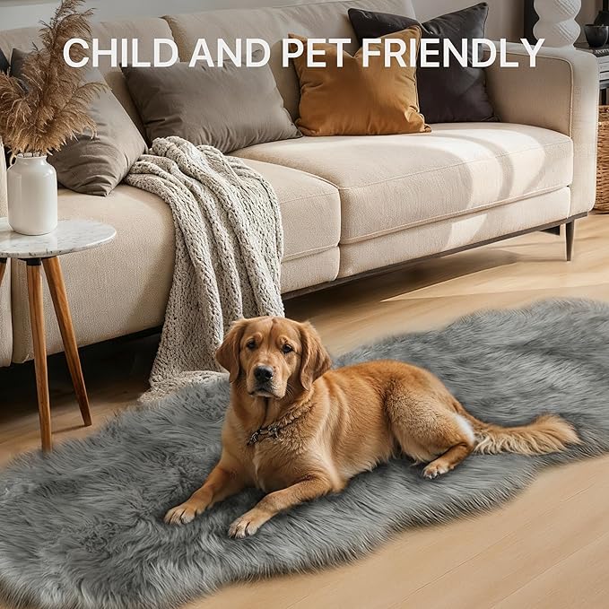 GENIMO 2x6 Fluffy Faux Fur Rug Runner, Ultra Soft Shaggy Sheepskin Rug, Area Rugs for Bedroom, Living Room, Home Office, Light Grey