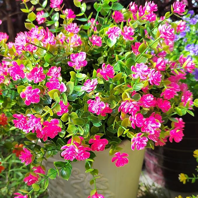 12 Bundles Artificial Flowers for Outdoors, UV Resistant Fake Flowers with Plastic Plants, Faux Flowers for Outside Window Box Front Porch Hanging Planter Decor (Pink)