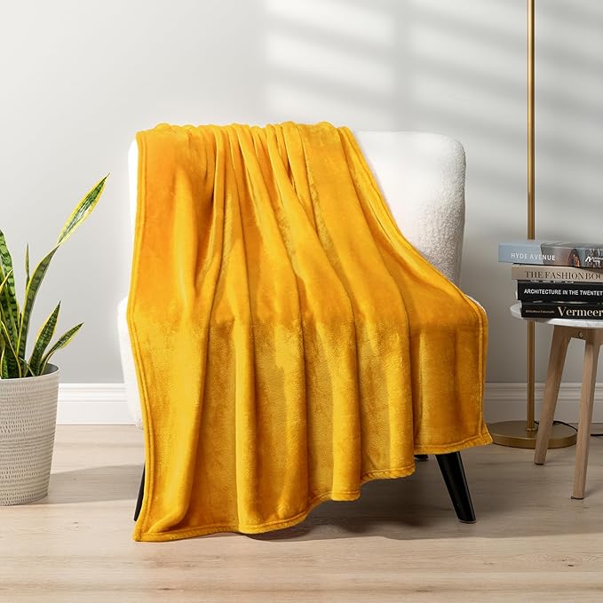 PAVILIA Mustard Yellow Fleece Bed Blanket Queen Size, Gold Super Soft Fuzzy Flannel Throw for Couch Sofa, Luxury Plush Microfiber Large Throw Blanket Queen Bed, Home Cozy Velvet Gift Blanket, 90x90