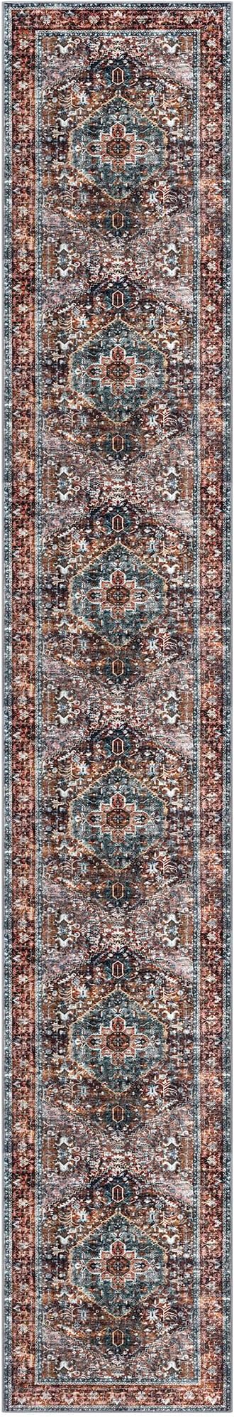 KOZYFLY Area Rug 3x16 Ft Washable Boho Runner Rug for Entryway Hallway Indoor Printed Faux Wool Carpet for Kitchen Bedroom Hall, Brick Red/Orange/Green