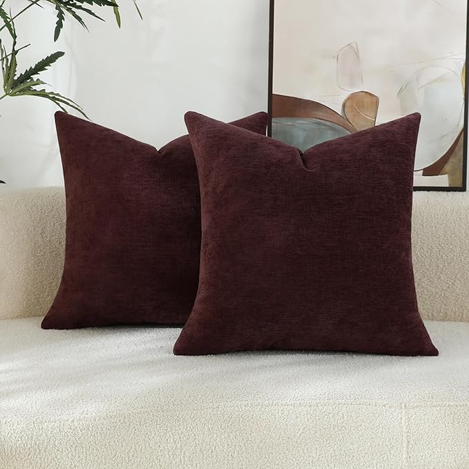 Plum Purple Chenille Decorative Couch Throw Pillow Covers, Soft Cushion Cases for Home Livingroom Sofa Décor, Pack of 2, 14 x 14 Inches