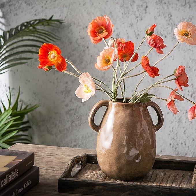 Kimdio Brown Ceramic Vase with 2 Handles, Modern Farmhouse Vases for Home Decor, Vintage Rustic Pottery Vase, Decorative Terracotta Vases, Clay Jug for Living Room Dining Table Shelf