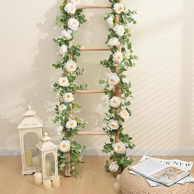 Dolicer 4Pcs 26Ft Artificial Eucalyptus Garlands with Flowers, Faux Floral Greenery Garlands Fake Flowers Vines for Wedding Table Centerpieces Arch Party Ceremony Backdrop Decor (White)