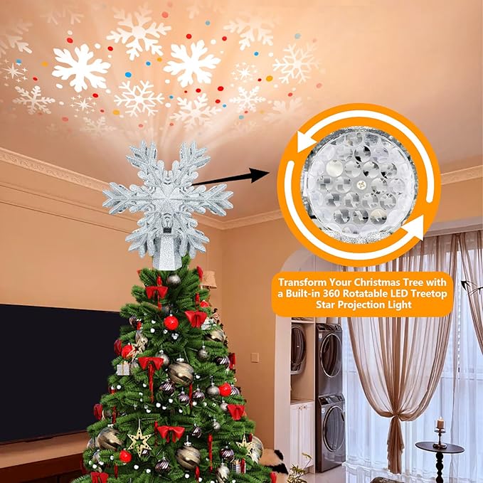 Christmas Snowflake Tree Topper with Rotating LED Projector, 3D Glitter Snowflake Plug-in Tree Top Ornament for Indoor Christmas Tree Decorations Holiday Decor