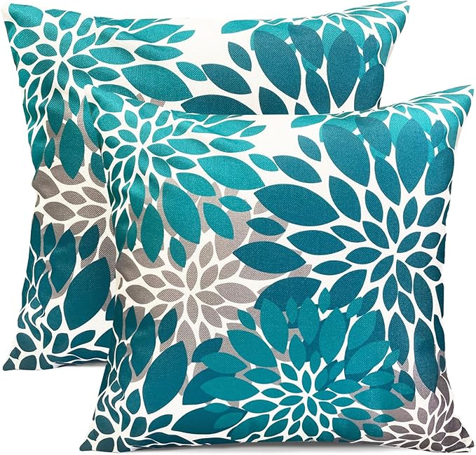 Decorative Throw Pillow Covers Set of 2 Teal Blue Pillow Covers 22x22 Inch Couch Pillow Covers for Sofa Living Room Outdoor Throw Pillow Cover Linen Square Floral Flower Farmhouse Pillowcase