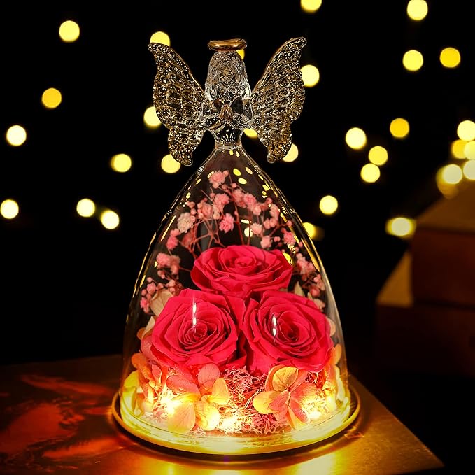 Christmas Rose Gifts for Women Preserved Real Flower in Glass Angel Figurines Roses for Delivery Prime Birthday Gifts for Mom Grandma Girlfriend Wife Her - Hot Pink