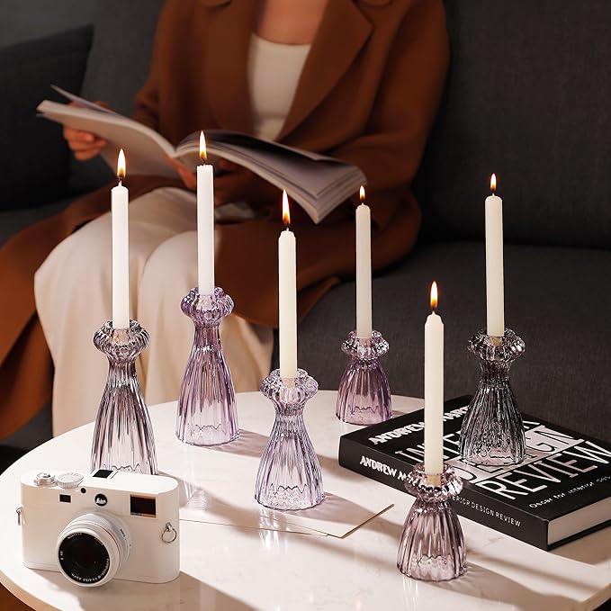 Lysenn Glass Candle Stick Holder Set of 6 – Premium Taper Candle Holders for Romantic Ambiance - Candle Sticks Holder Decor for Special Occasions - Smoke Gray