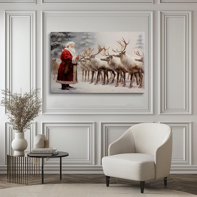 Santa Claus and Reindeer Art Print,Vintage Christmas Reindeer Wall Art,Vintage Santa Print,Vintage Reindeer Poster,Winter Wall Art,Christmas Holiday Decor16x24inchUnframed