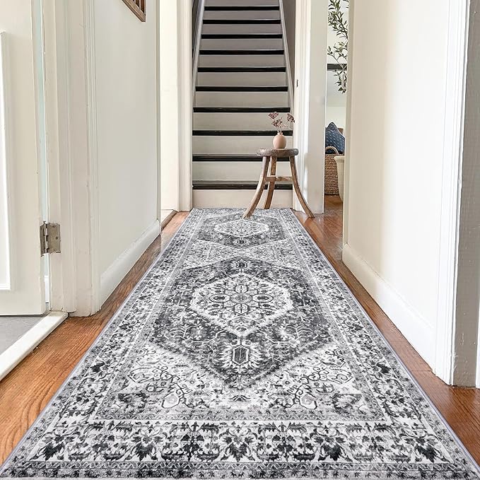 KOZYFLY Runners for Hallways 3x8 Ft Washable Kitchen Runner Rug Boho Runner Rug for Entryway Indoor Printed Faux Wool Floor Carpet for Bedroom Kitchen Hall, Grey