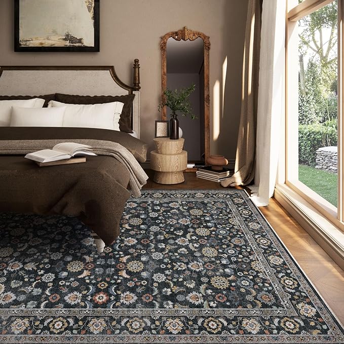 Washable Area Rugs for Living Room: 6x9 Bedroom Rug Vintage Boho Area Rug Stain Resistant Non Slip Low Pile Lightweight Soft Carpets for Living Room Dining Room Kitchen Nursery Kids Room Farmhouse
