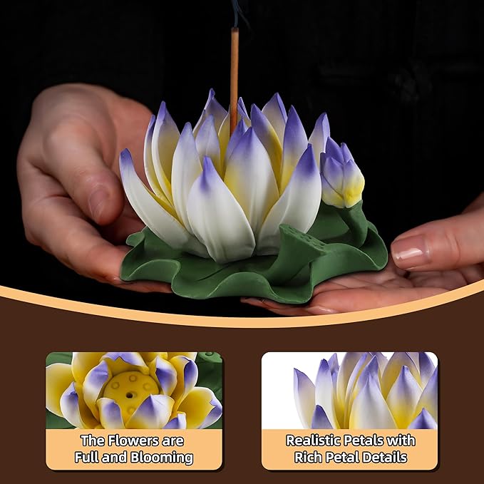 Lotus Incense Burner - Incense Burner Holder for Home Incense Holder Decor Incense Holder for Sticks Yoga, SPA (Z7-Blue-Yellow)