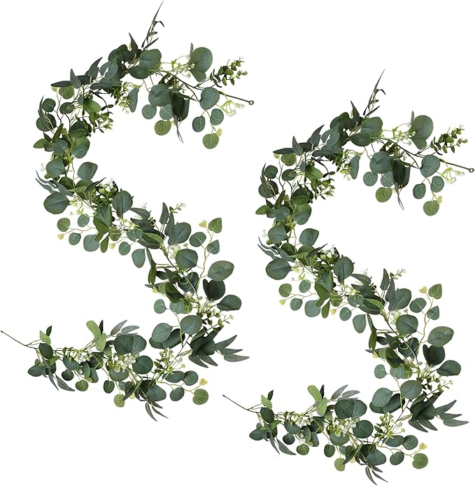 2 PCS 6 Feet Artificial Faux Eucalyptus Hanging Garland Greenery Leaves for Wedding Office Shop Home Decor Backdrop Arch Wall Party Table Fireplace Bedroom DIY Decoration