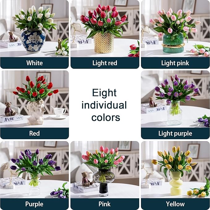 20PCS Fake Tulips Artificial Tulip Silk Flowers Fake PU Bouquet Artificial Flowers Faux Flowers with Gift Box Soft Faux Tulips Bouquets Arrangements for Party Wedding Home