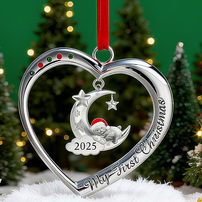 Baby's First Christmas Ornament 2025 My 1st Christmas Decorations 2025 Newborn Keepsake Gifts for Girl Boy Silver Heart with Hanging Bear Moon Star
