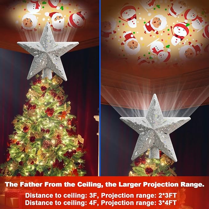 10" Christmas Tree Topper Projector with 6 Projection Modes, Built-in LED Rotating Light, 3D Glitter Dynamic Projector Light Up Xmas Tree Topper Star for Christmas Holiday Party Decorations Gifts