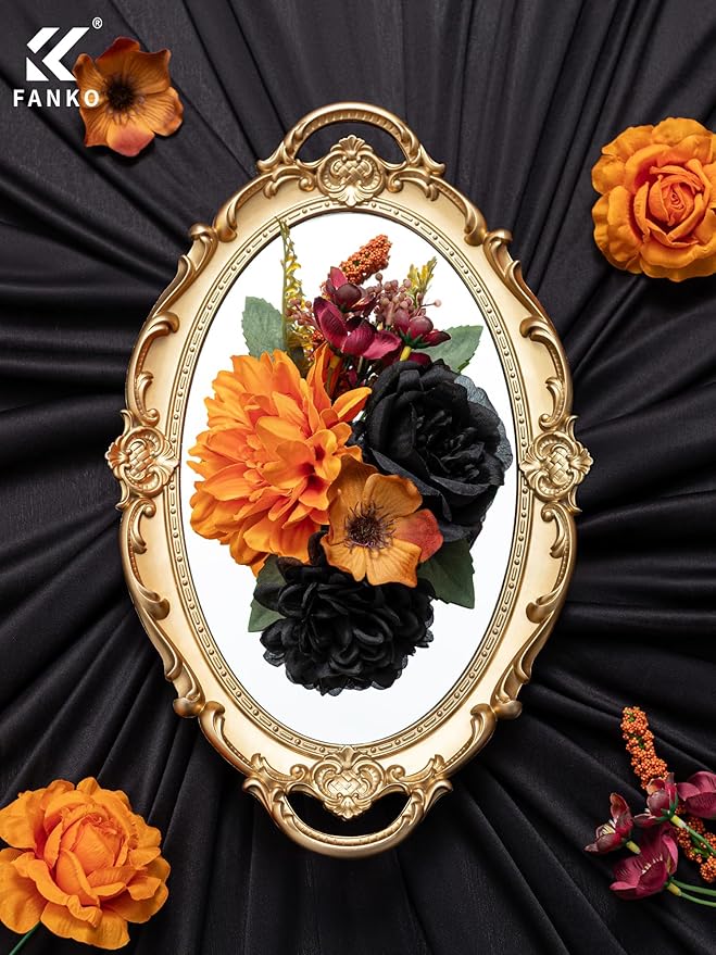 FANKO Artificial Flowers Black Rose: Mixed Fake Silk Flowers Combo Orange Rose & Dahlia Vintage Assorted Blooms for DIY Wedding Bridal Bouquets/Centerpieces/Halloween Decor