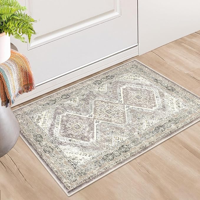 KUTA Washable Oriental Small Area Rug Ivory Grey Yellow Brown, 2x3 Entryway Rugs Indoor Non-Slip Soft Printed Vintage Distressed Farmhouse Low-Pile Door Mat for Entrance Bedroom Kitchen Nursery