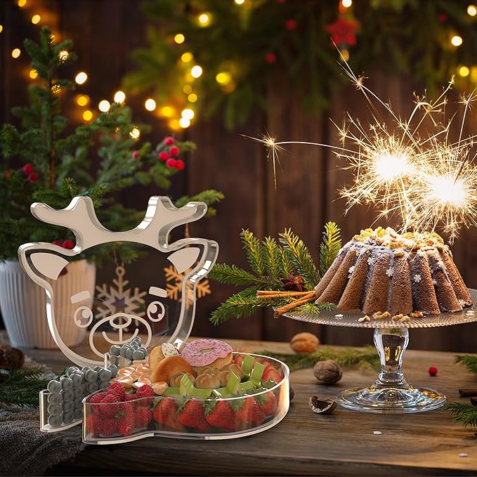 11" Christmas Elk Charcuterie Boards, Acrylic Reusable Serving Tray for Dessert Appetizer Display, Cute Reindeer Decorative Snack Platter for Xmas Party Table Decoration