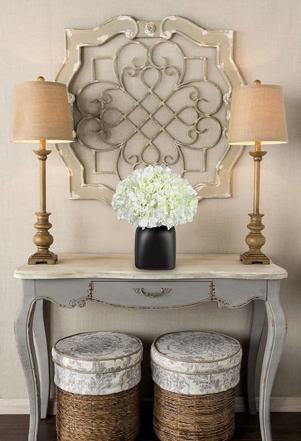 Briful Hydrangea Artificial Flowers White Silk Hydrangea Flowers in Deep Black Ceramic Vase Spring Flowers Arrangments Potted Fake Flowers for Home Decor Indoor Farmhouse Table Wedding Centrepiece