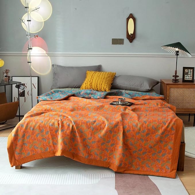 100% Cotton Muslin Blanket Jacquard Floral Ginkgo Leaves Print Quilt, Soft Bed Cover 3 Layers Reversible Bedspread Coverlet Breathable Lightweight Bedding Twin(59"x94"), No Pillow Sham