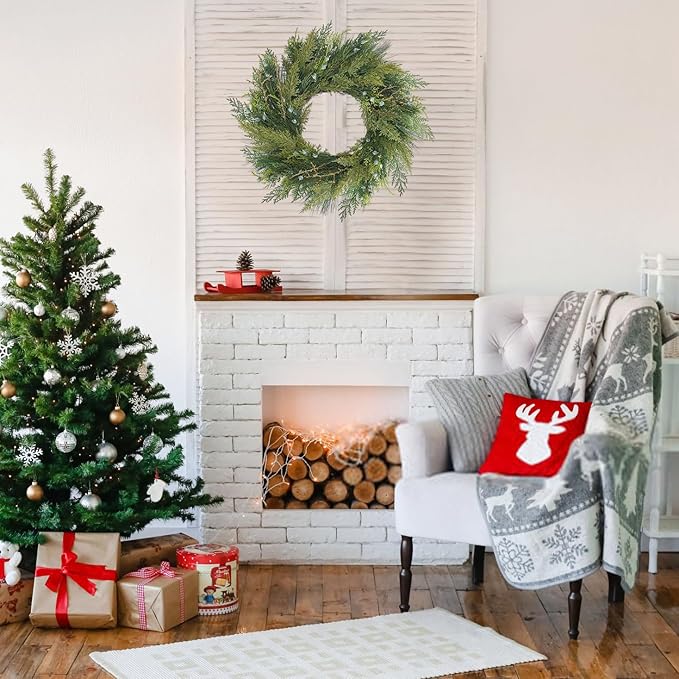 20” Green Faux Pine Christmas Winter Wreath with Cypress Cone, Twig & White Berry – Mixed with Real Look Fake Cedar & Spruce, Xmas Wreaths for Front Door Porch Mantel & Fireplace