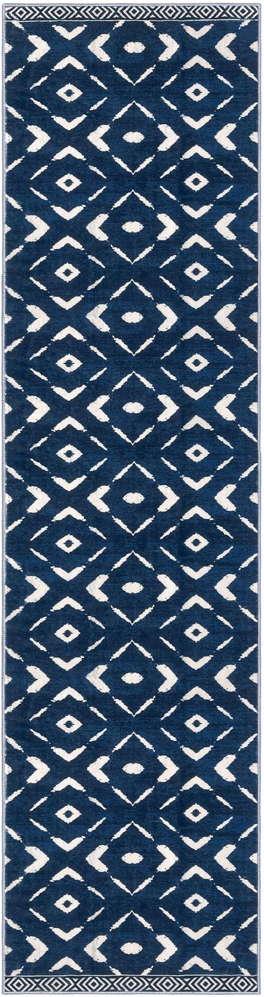 KILOCOCO Hallway Runner Rug 2.6'x12' Runners for Hallways Washable Runner Soft Non Slip Printed Geometric Low-Pile Rugs Runners for Bedroom Kitchen Living Room Boho Rugs, Blue